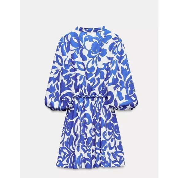 Zara Women Tile Dress S Blue White Sicilian Button Up Linen Viscose Blend NWD - Picture 3 of 9